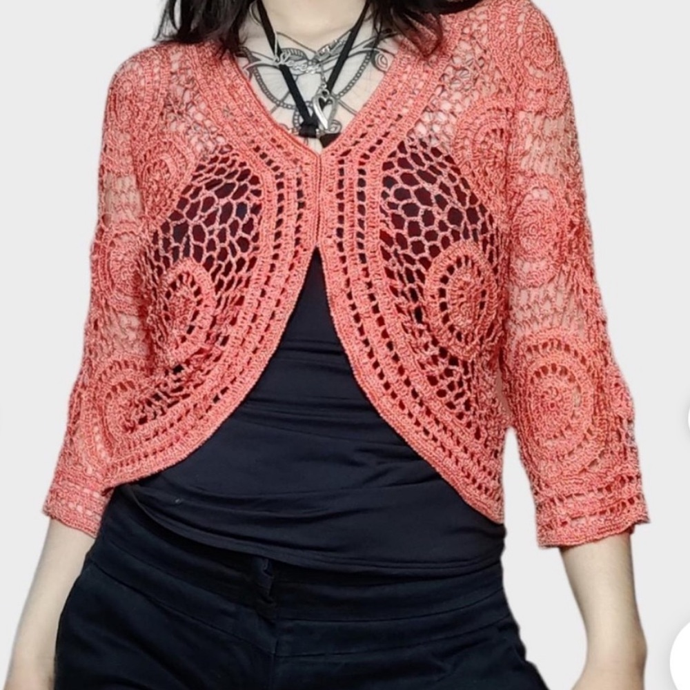 Crochet Cardigan Open Knit Cover Up Top Women’s XL Coral Metallic 3/4‎ sleeves